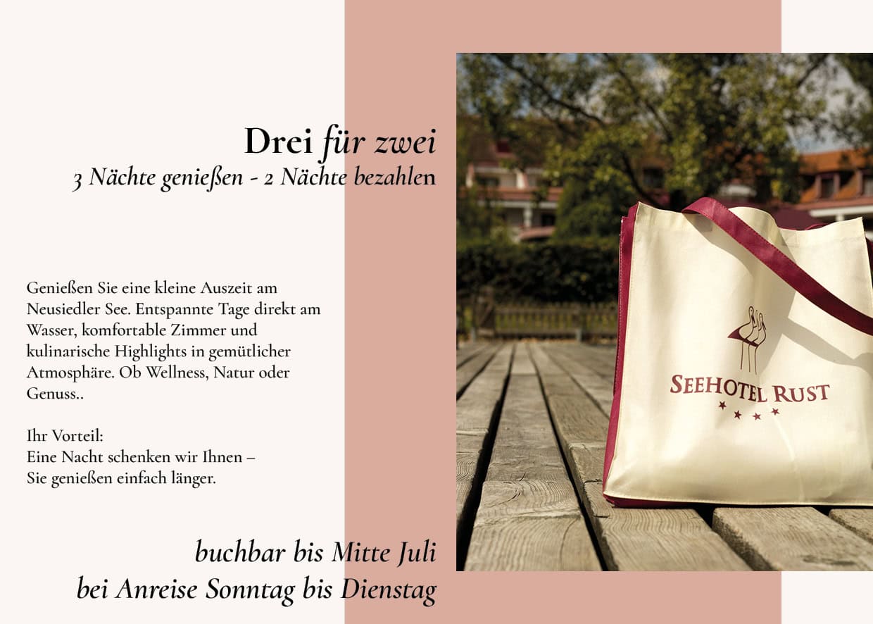 Promotional layout advertising a hotel offer 'Drei für zwei' with German text and a Seehotel Rust tote bag on a wooden deck rail image.